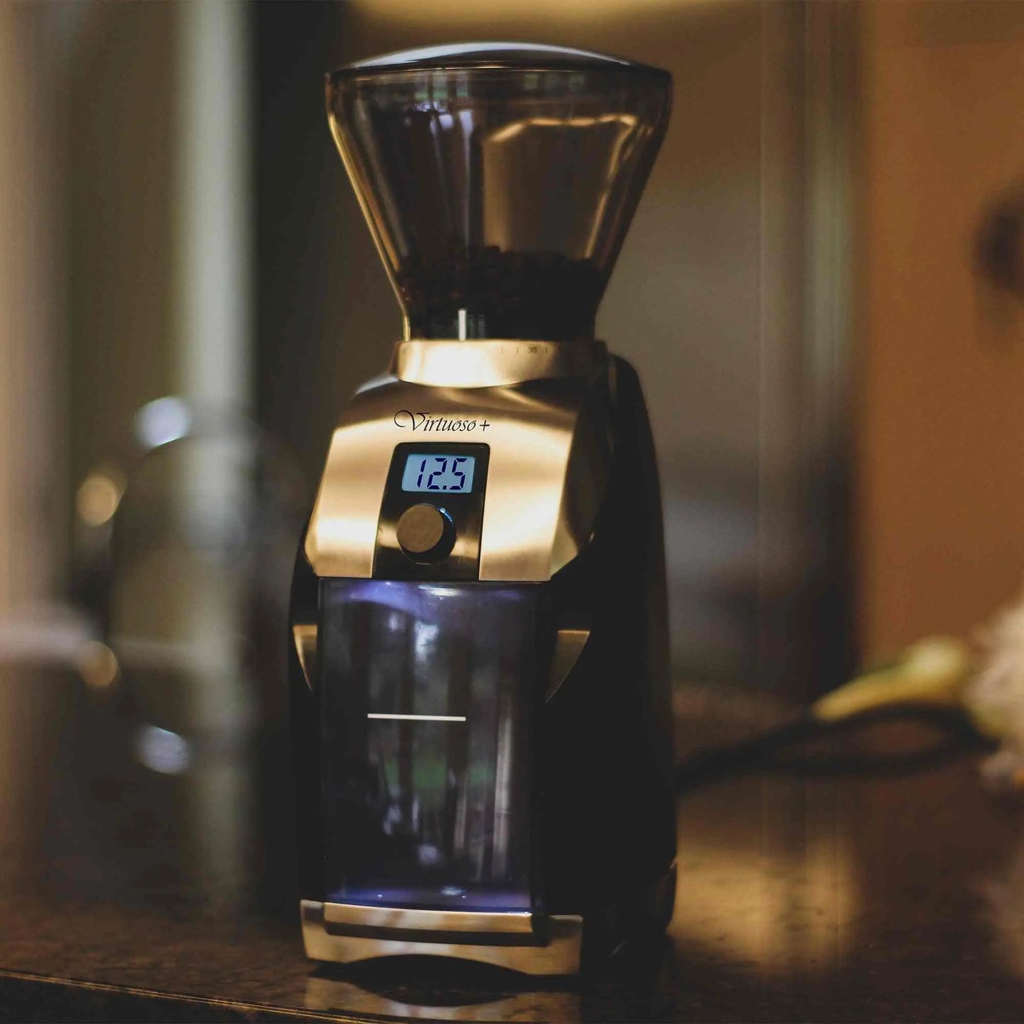 Baratza Virtuoso+ conical burr coffee grinder with digital timer and 40 grind settings for precise brewing
