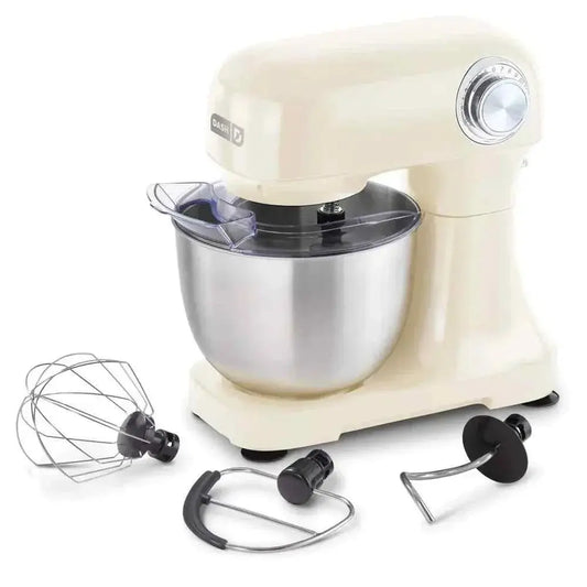 Dash Tilt Head 3.5qt cream stand mixer with 12 speeds, three attachments, stainless steel bowl, and splash guard