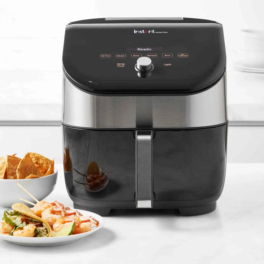 Instant Vortex Plus 6QT air fryer with ClearView window, OdorErase filters, 6-in-1 cooking functions, and touchscreen controls