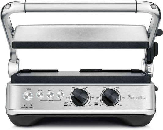 Breville BGR700BSS electric grill with reversible ceramic plates and one-touch presets for panini, burger, and sear cooking