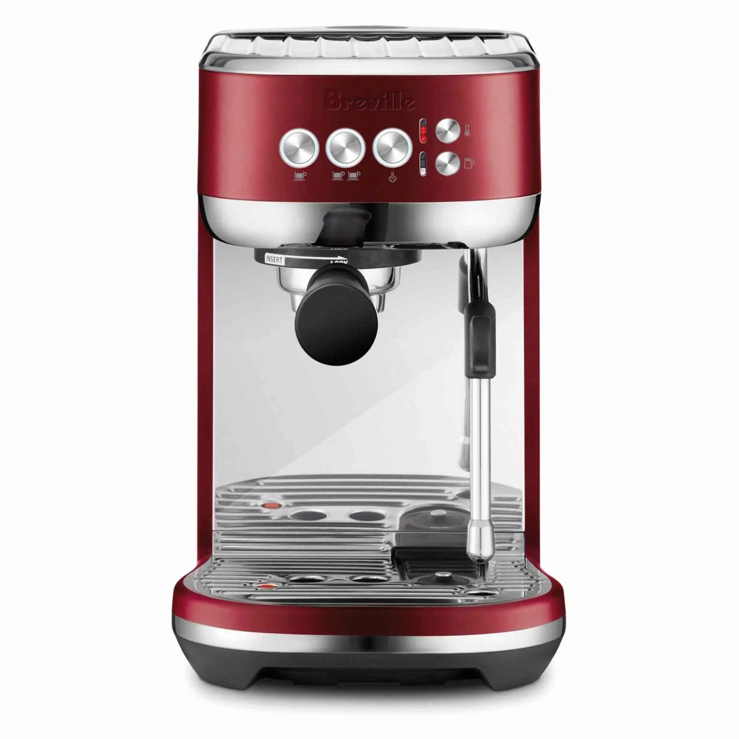 Breville Bambino Plus espresso machine in brushed stainless steel with compact design and automatic microfoam frothing.
