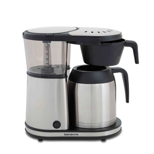 Bonavita Connoisseur 8 Cup Drip Coffee Maker brewing coffee with stainless steel thermal carafe and one-touch pour over design