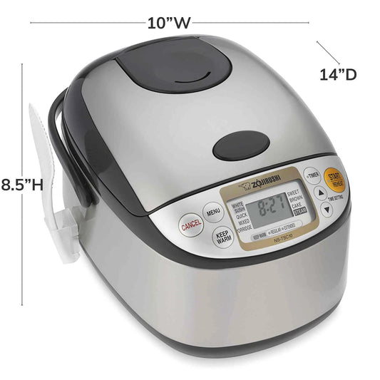 Zojirushi NS-TSC10 Micom Rice Cooker with fuzzy logic, LCD display, steaming basket, and multiple cooking settings.