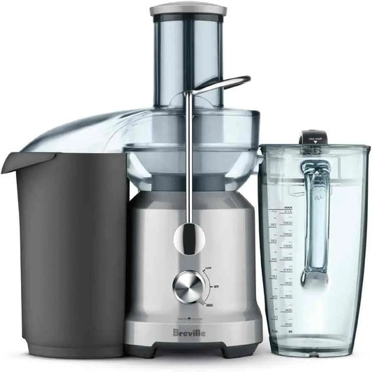 Breville Juice Fountain Cold Juicer silver model with 70-oz capacity and Cold Spin Technology for nutrient-rich juice extraction