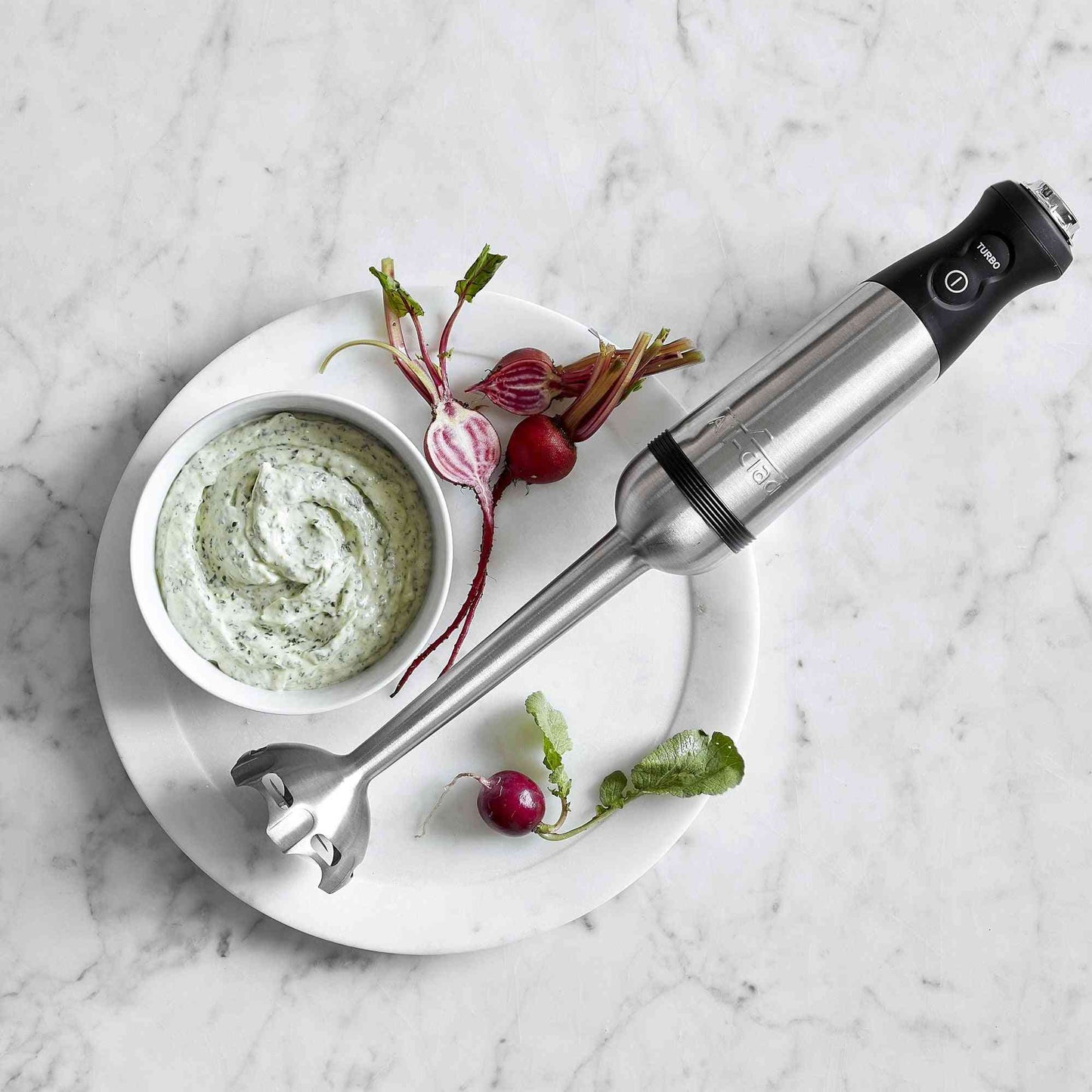 All-Clad Electrics stainless steel immersion blender with turbo function and ergonomic handle