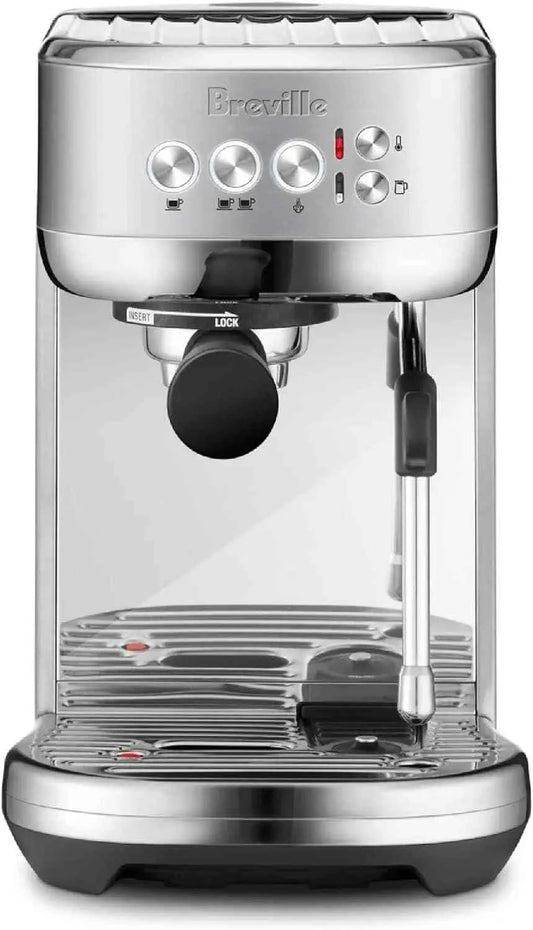 Breville Bambino Plus espresso machine in brushed stainless steel with programmable controls and automatic microfoam texturing