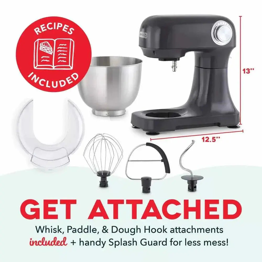 Dash Tilt Head 3.5qt 12-speed stand mixer with cream finish and three attachments