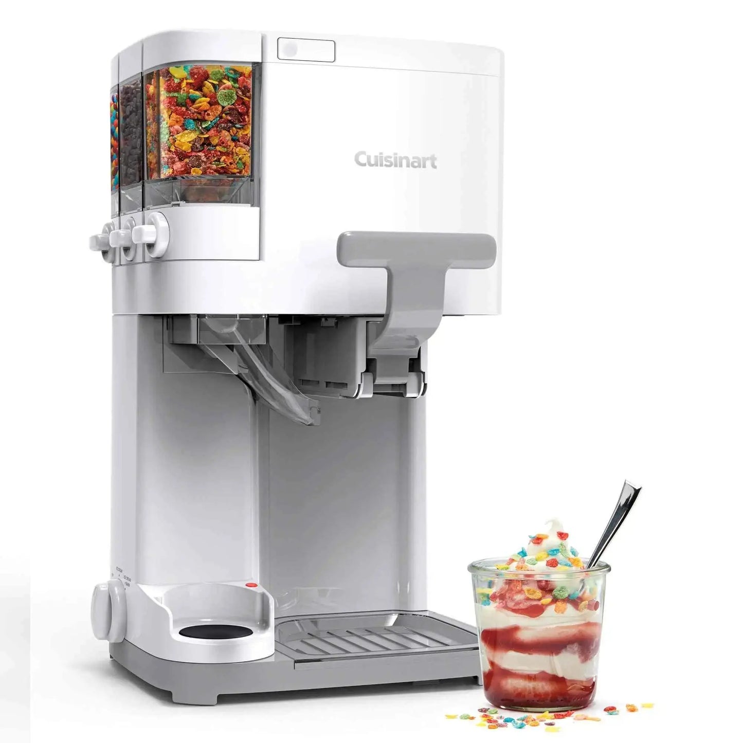 Cuisinart Soft Serve Ice Cream Maker with mix-in dispensers and warming cup for sauces