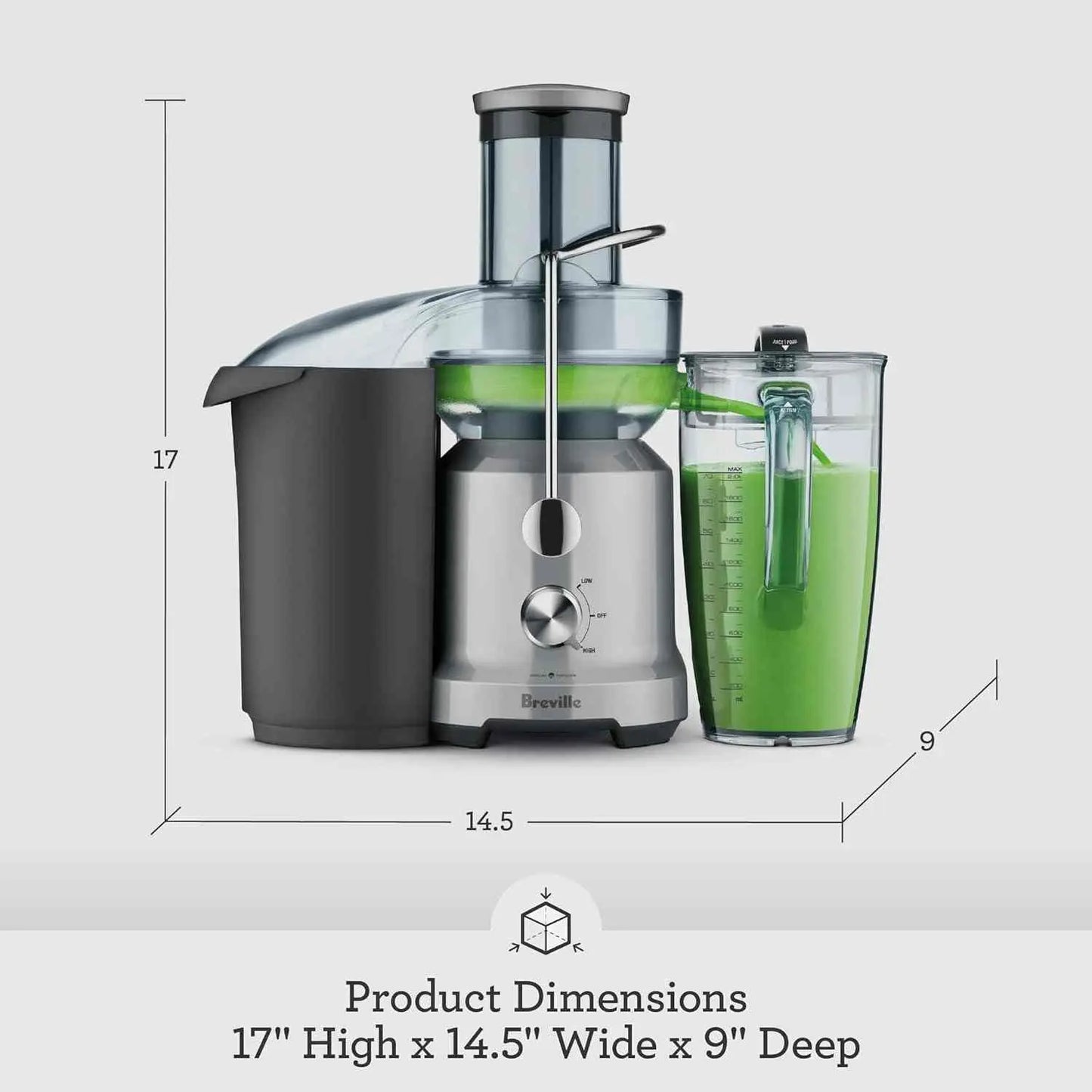 Breville Juice Fountain Cold Juicer silver model with 70-oz jug and cold spin technology