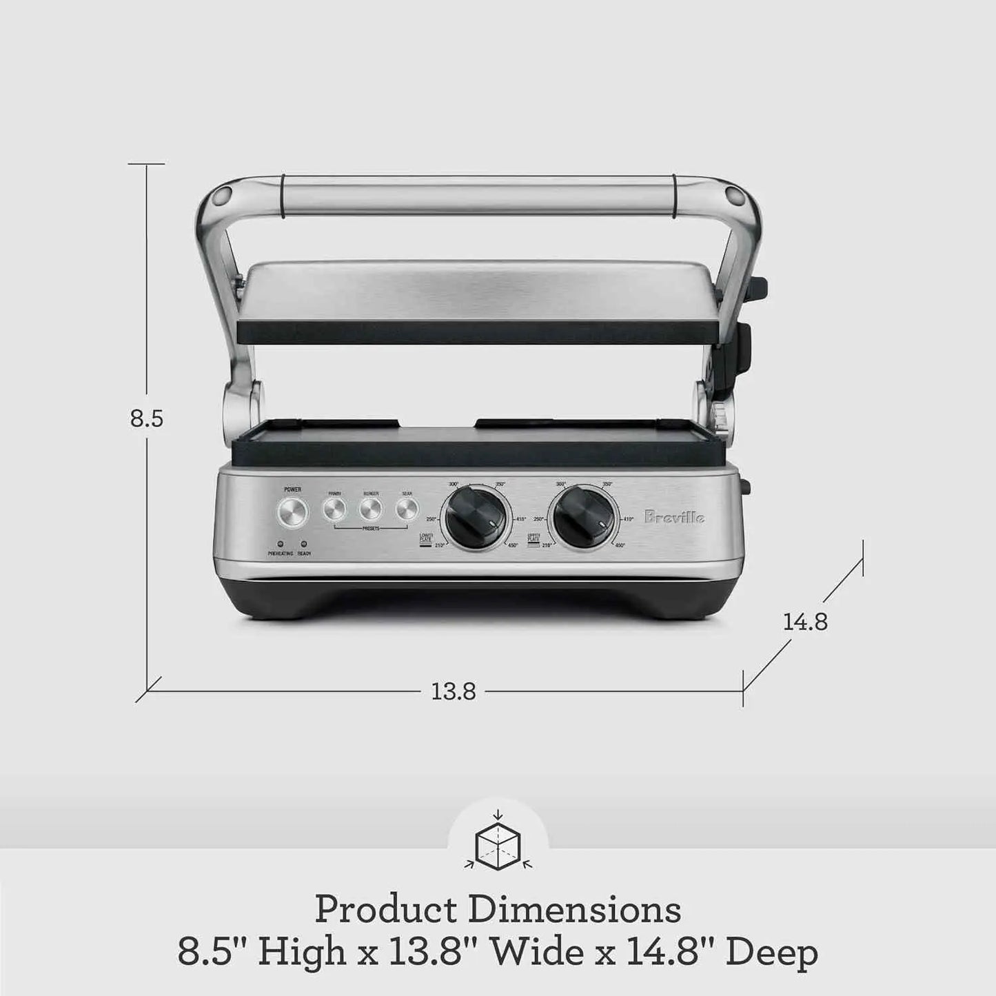 Breville BGR700BSS electric countertop grill with one-touch presets and reversible ceramic plates