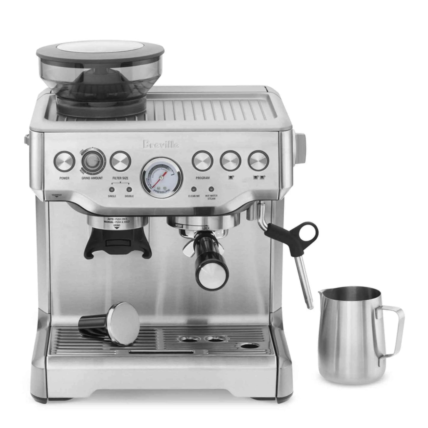 Breville Barista Express stainless steel espresso machine with integrated grinder and steam wand