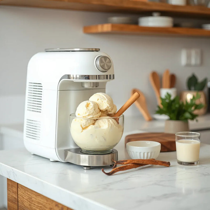 Modern homemade ice cream maker on a kitchen counter with vanilla ingredients and a spoon