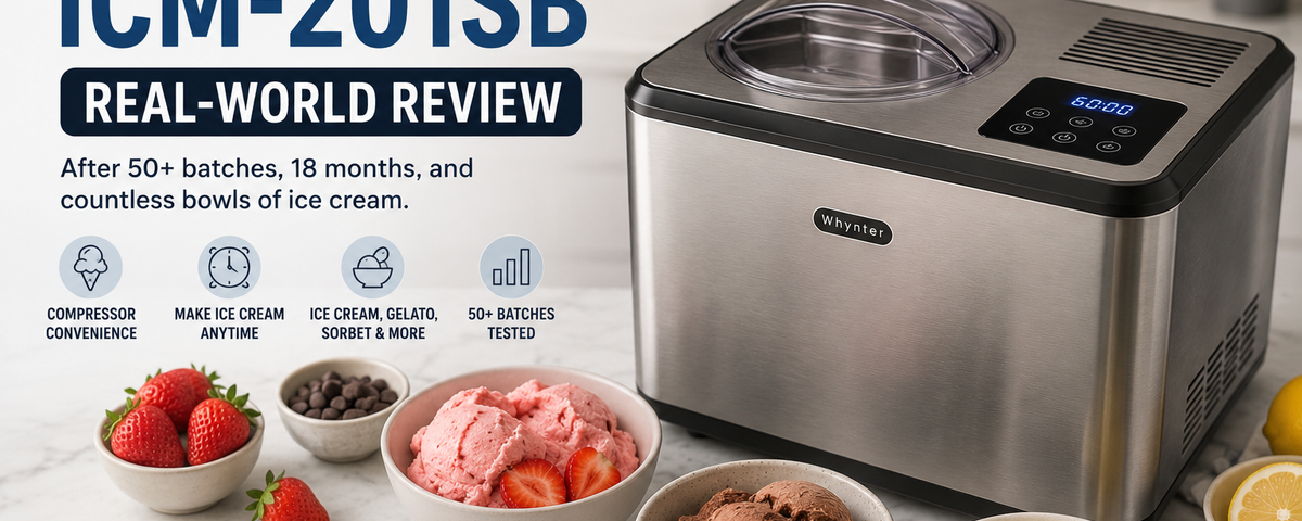 Whynter ICM-201SB compressor ice cream maker review image featuring homemade strawberry, chocolate, and vanilla ice cream with 50+ batch real-world testing in a modern kitchen.