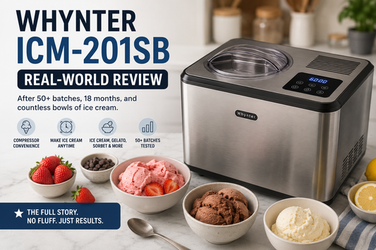 Whynter ICM-201SB compressor ice cream maker review image featuring homemade strawberry, chocolate, and vanilla ice cream with 50+ batch real-world testing in a modern kitchen.