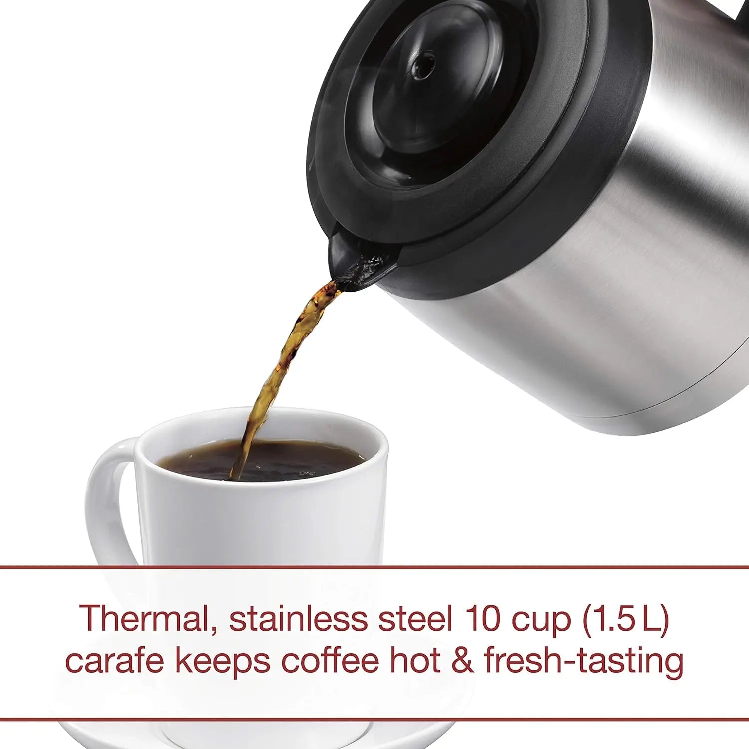 Wolf Gourmet automatic drip coffee maker with 10-cup capacity, featuring a sleek design and brewing basket for fresh coffee.