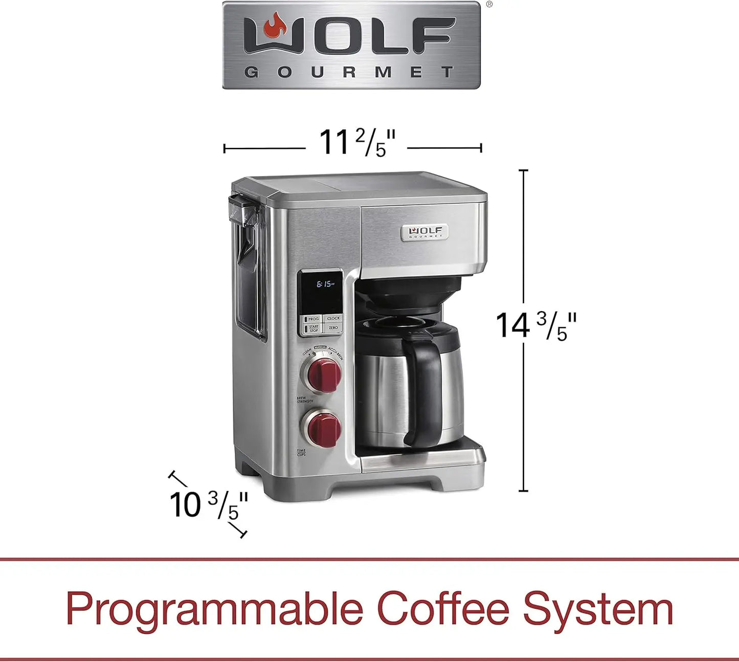 Wolf Gourmet Automatic Drip 10-Cup Coffee Maker with glass carafe and digital controls on a kitchen countertop.