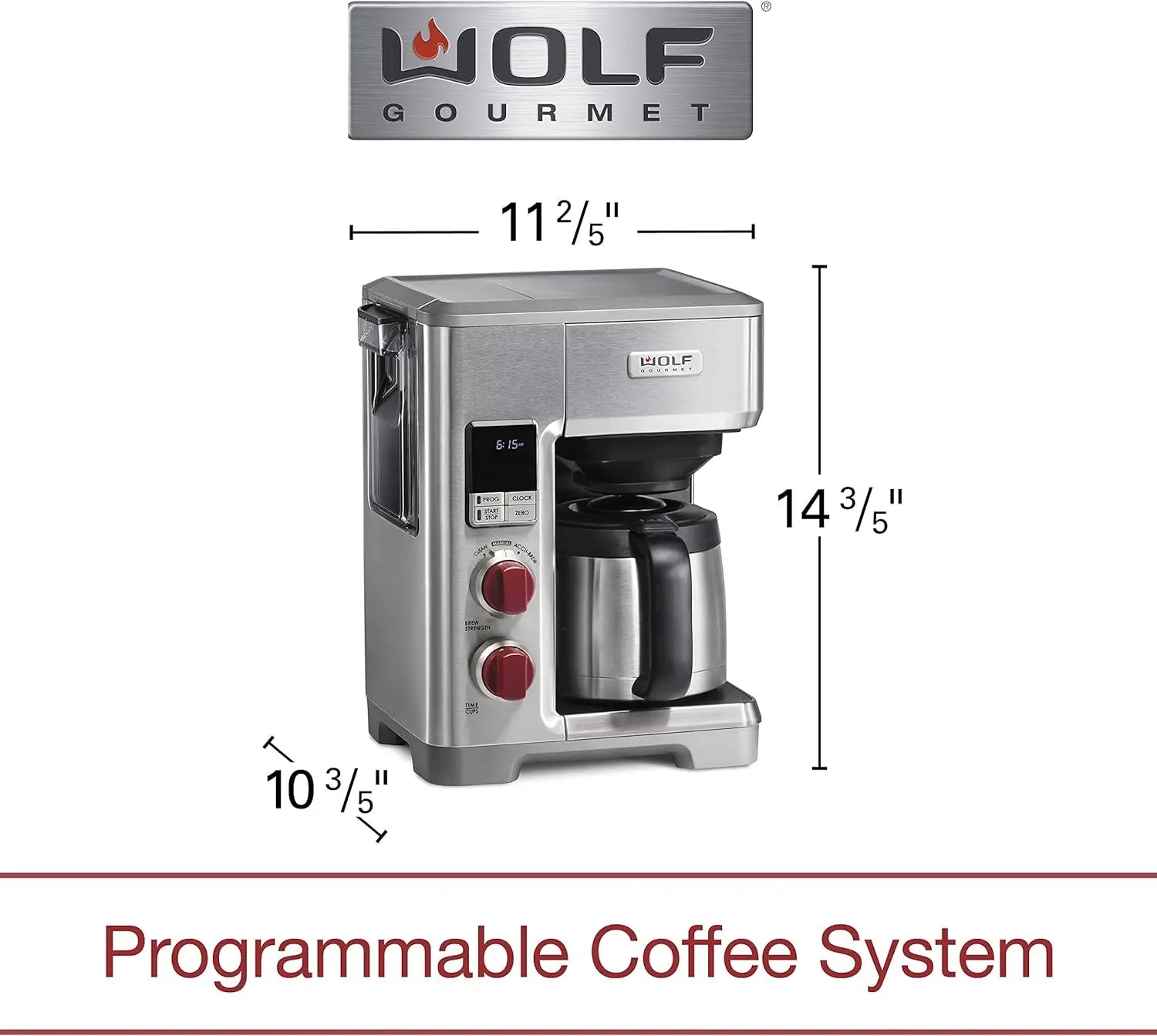 Wolf Gourmet Automatic Drip 10-Cup Coffee Maker with glass carafe and digital controls on a kitchen countertop.