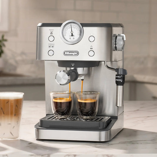 De'Longhi Classic Espresso Machine with 15-bar pump, Thermoblock technology, and chrome pressure gauge in compact stainless steel design