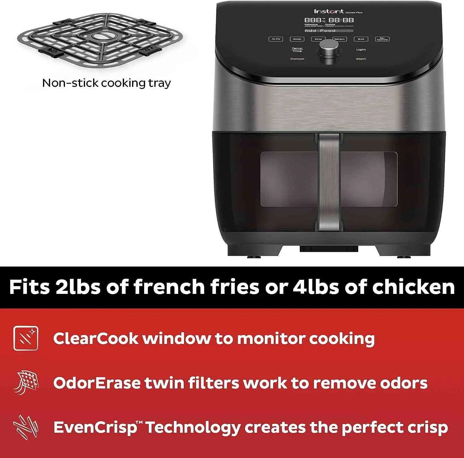 Instant Vortex Plus 6QT Air Fryer with ClearView window and OdorErase filters showing touchscreen controls