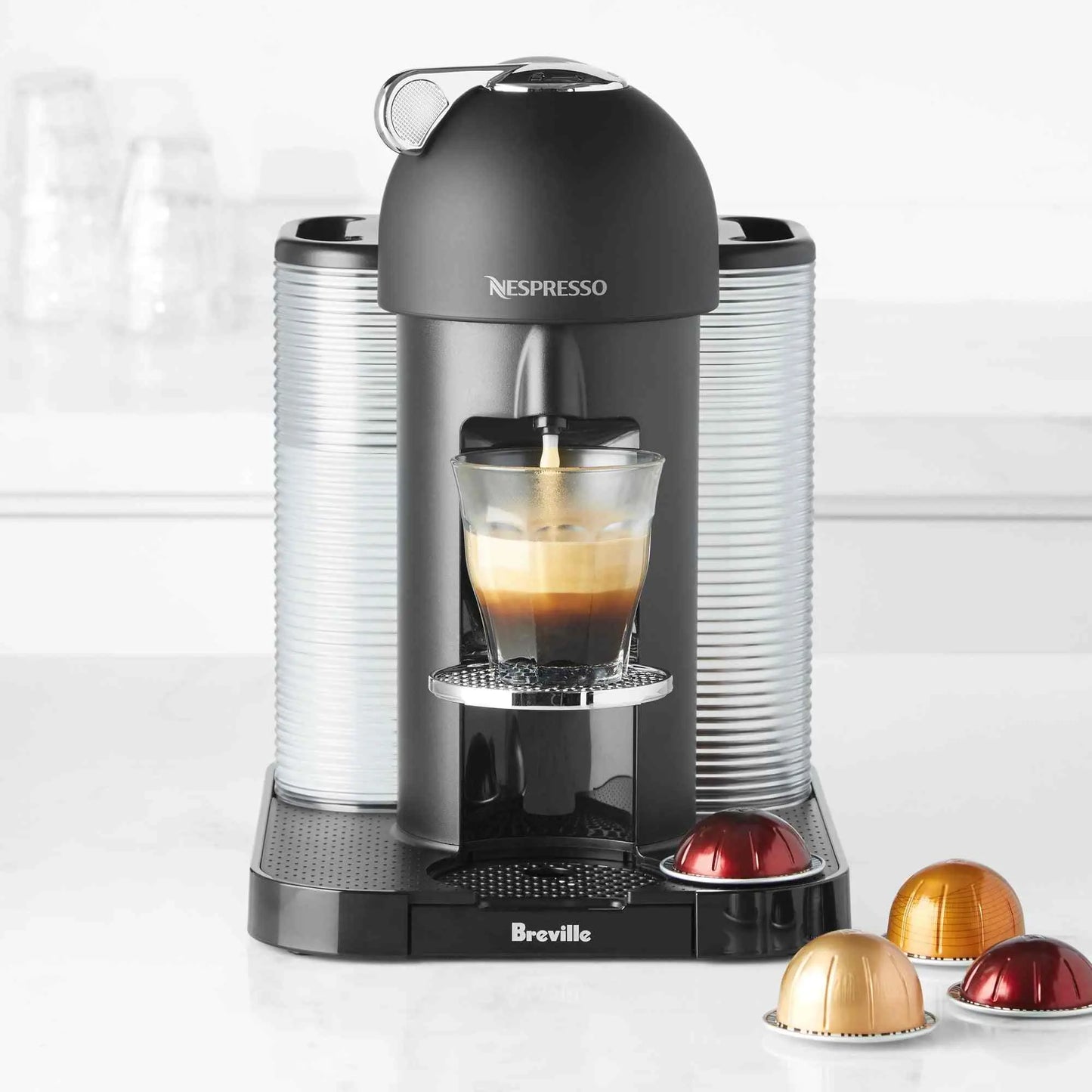 Nespresso Vertuo coffee and espresso maker by Breville with Centrifusion technology brewing multiple cup sizes