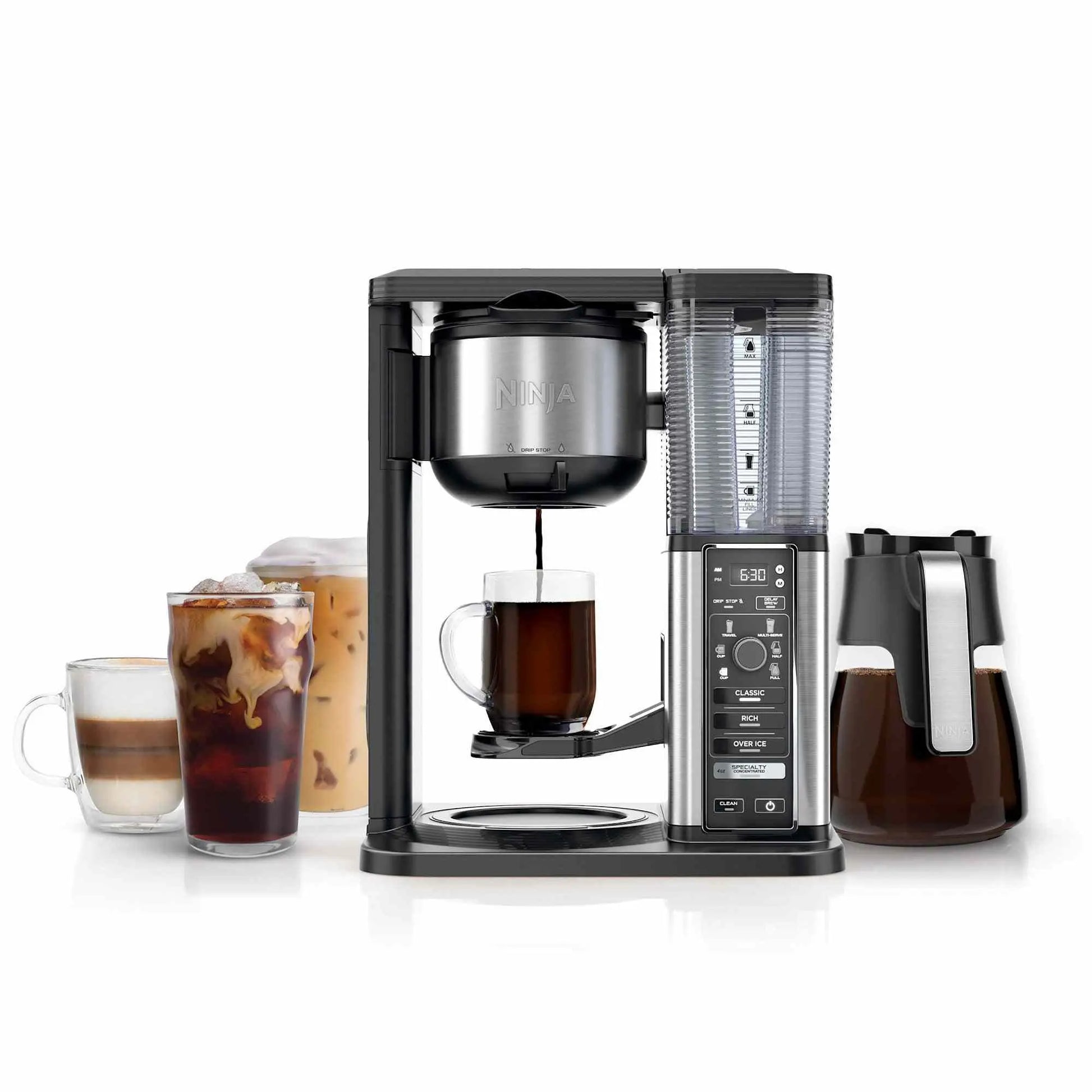 Ninja CM401 Specialty 10-cup coffee maker with 4 brew styles, built-in frother, and removable water reservoir