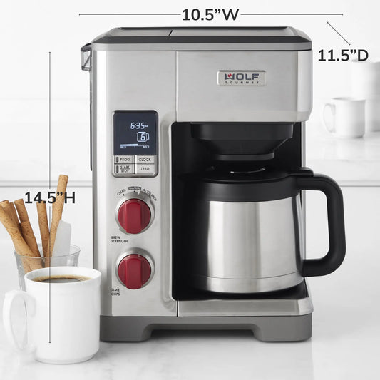 Wolf Gourmet Automatic Drip Coffee Maker with 10-cup capacity and stainless steel finish, brewing fresh coffee.