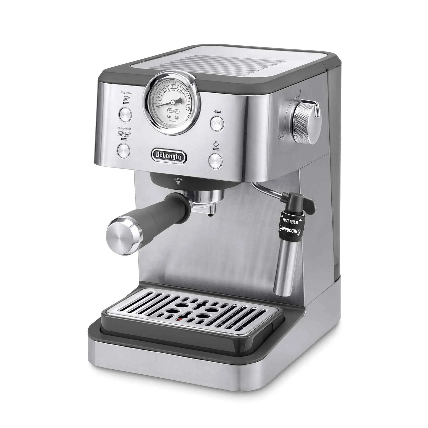 De'Longhi Classic Espresso Machine stainless steel with 15-bar pressure and Thermoblock technology for espresso and milk frothing