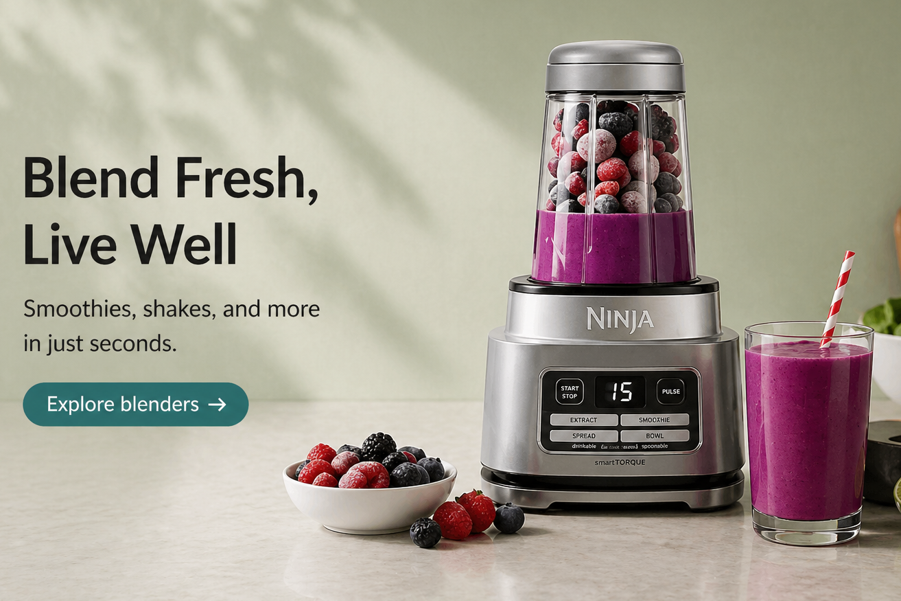 Ninja blender with ingredients and a smoothie on a countertop, promoting healthy living.