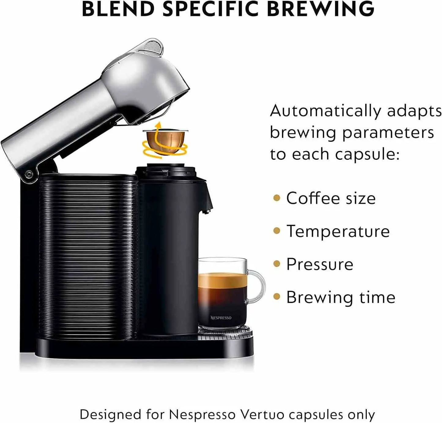 Nespresso Vertuo coffee and espresso maker by Breville with Centrifusion technology brewing authentic espresso and American coffee