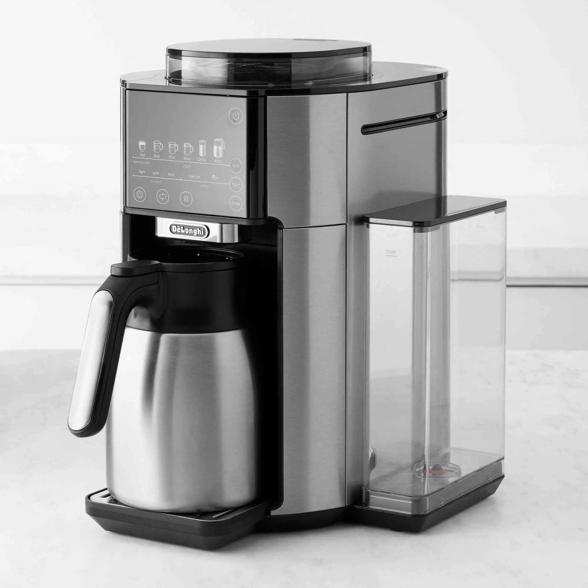 De'Longhi TrueBrew automatic coffee maker with built-in grinder and thermal carafe brewing multiple cup sizes and styles
