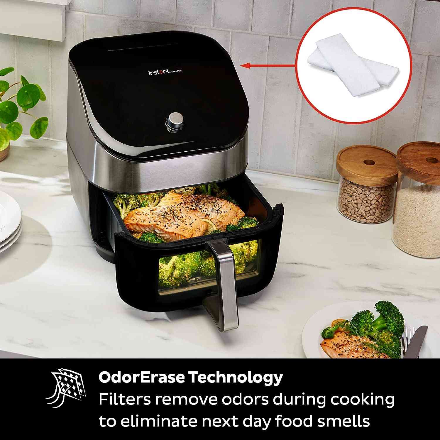 Instant Vortex Plus 6QT Air Fryer with ClearView window and OdorErase filters showing touchscreen controls