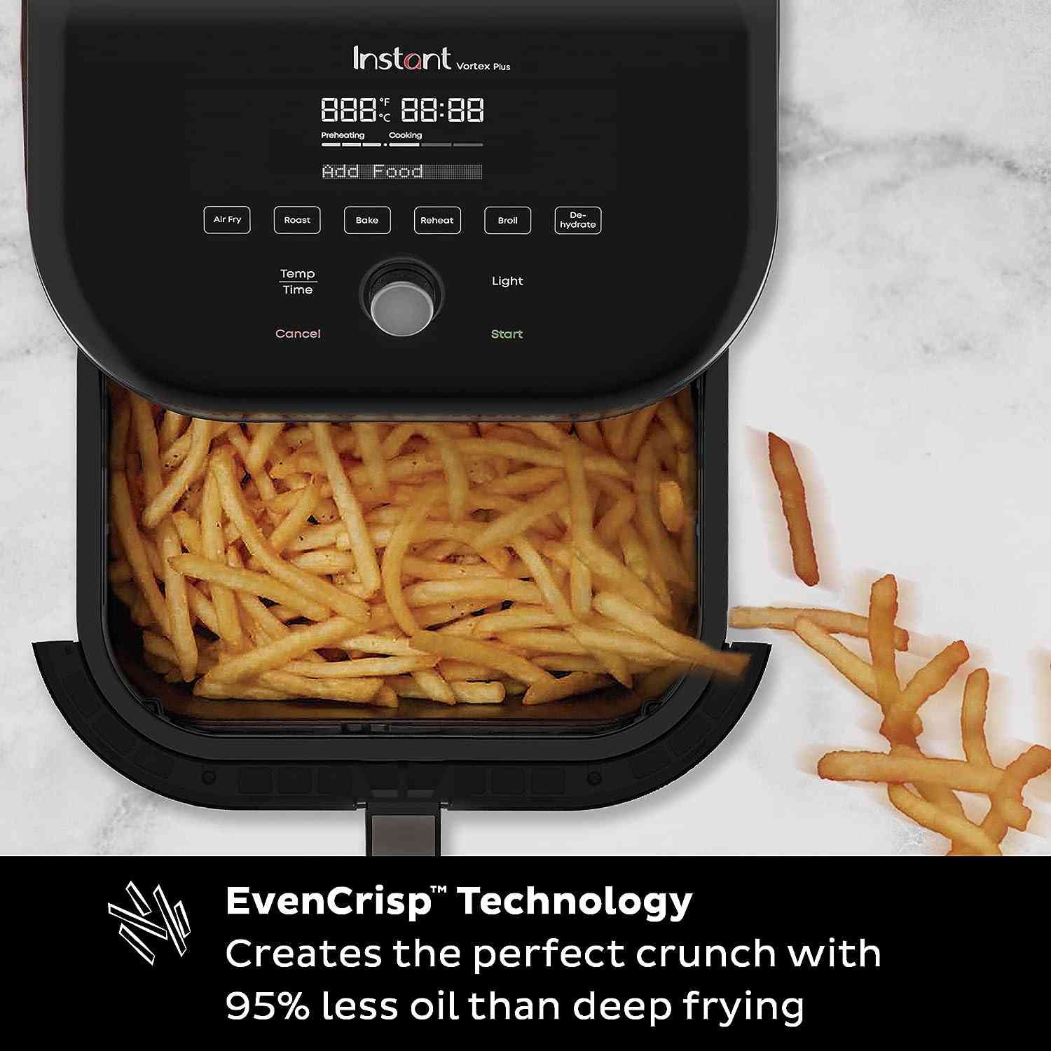 Instant Vortex Plus 6QT air fryer with ClearView window and OdorErase filters, 6-in-1 cooking functions, touchscreen controls, and dishwasher-safe parts