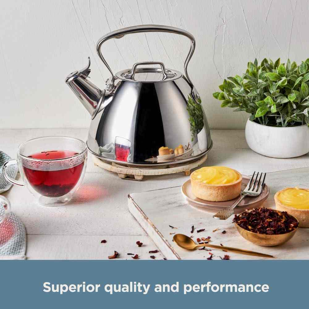 All-Clad Specialty Stainless Steel Tea Kettle with 2-qt capacity, induction compatible, polished finish, and whistle feature