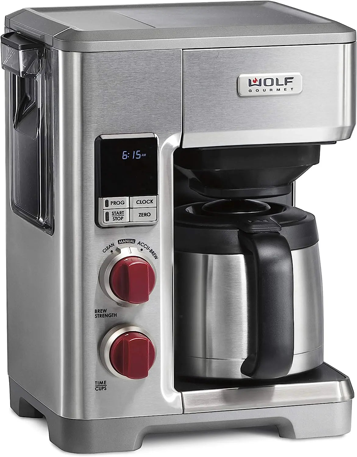Wolf Gourmet automatic drip coffee maker with 10-cup capacity, stainless steel finish, and brewing carafe on a countertop.