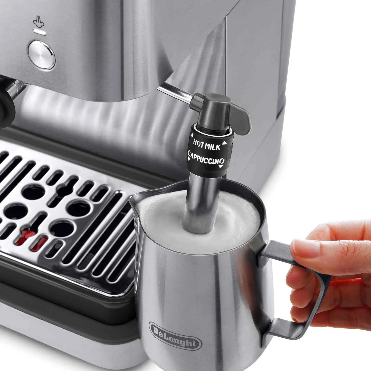 De'Longhi Classic Espresso Machine with 15-bar pressure, Thermoblock technology, chrome pressure gauge, and adjustable frother in compact stainless steel design