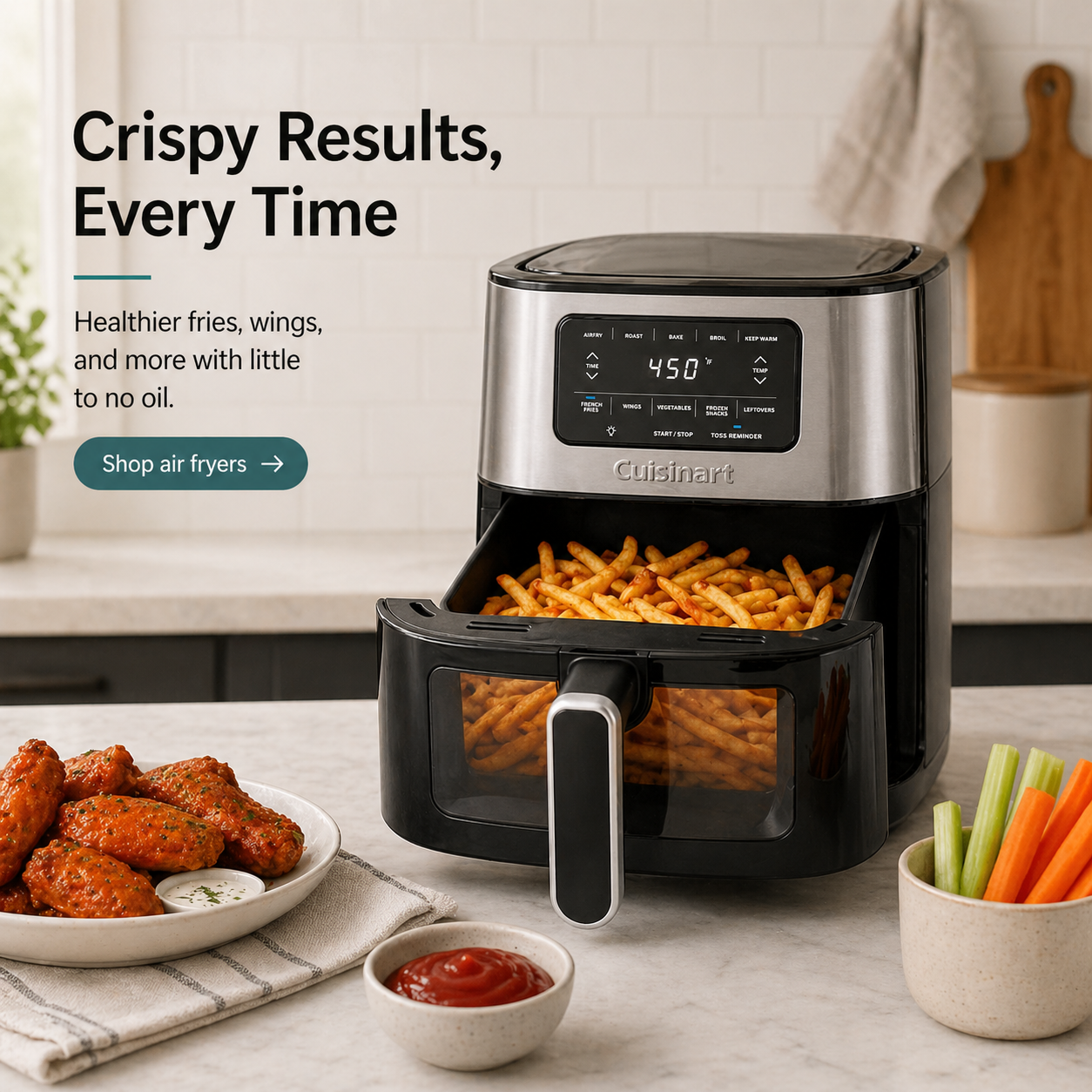 Cuisinart air fryer with fries inside, surrounded by food items on a kitchen counter.